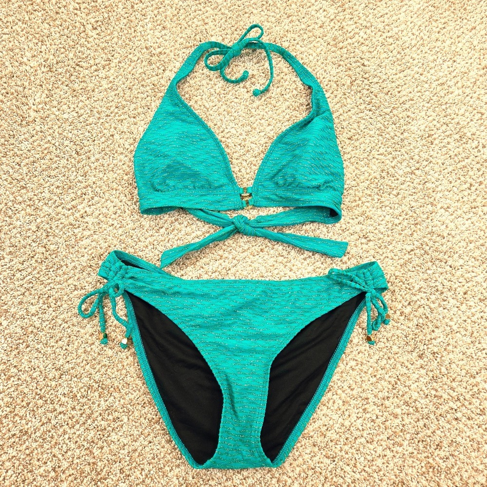 ATHENA Bikini Halter Top Teal Shimmer Removable Pads & Bikini Bottom Set Size 12